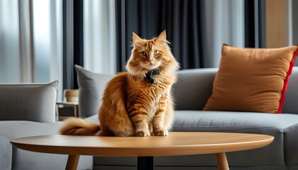 Fluffy orange cat with a collar lounging on a table in a stylish modern living room