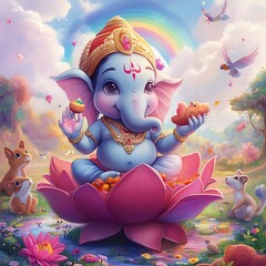 Wall Mural - Cute Cartoon Ganesha Hindu God Sitting on a Lotus with Animals