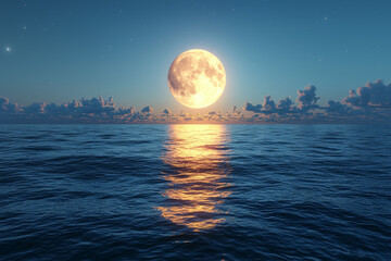 Wall Mural - The light of the moon reflecting off a calm ocean, creating a serene, peaceful scene. Concept of nature's beauty.