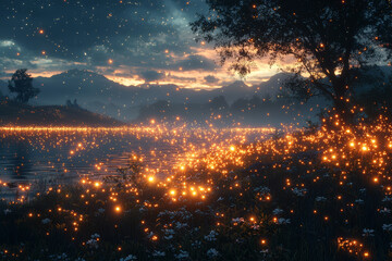 Poster - Fireflies glowing in the dark, creating a magical, natural light show in the night. Concept of nature's wonder.