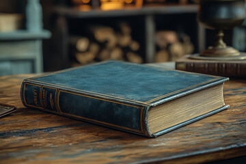 Wall Mural - An empty book cover lying on a desk, open for a unique title and design.