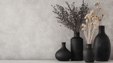 Elegant display of black vases with dried flowers on a neutral backdrop in a modern setting