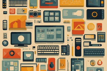 Flat  illustration depicting a diverse array of digital gadgets and technology items, showcasing modern communication and innovation in a colorful and artistic layout.