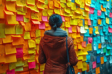 Sticker - A person brainstorming with colorful sticky notes on a wall, representing ideas floating around. Concept of innovation.