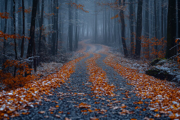 Poster - A path covered with fallen leaves, indicating the passing of autumn into winter. Concept of seasonal change.