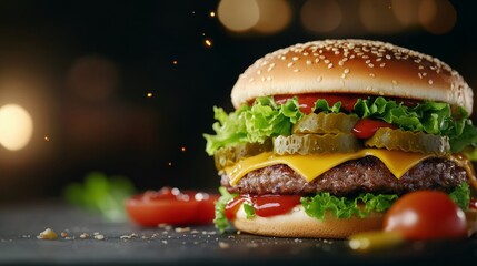 Juicy cheeseburger loaded with toppings on a wooden surface with a blurred background