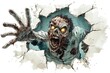 © atar - Zombie breaking through wall with glowing eyes and outstretched hand