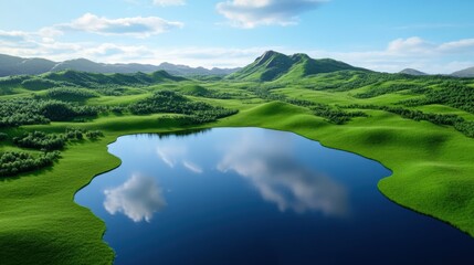 Wall Mural - Serene Landscape with Lush Green Hills and Calm Lake