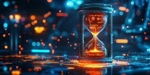 Wall Mural - a futuristic hourglass sits in a digital landscape filled with glowing elements. this striking piece