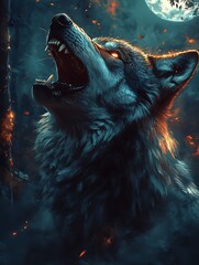 Sticker - Fierce wolf howling at the moon with glowing eyes and fire particles around it