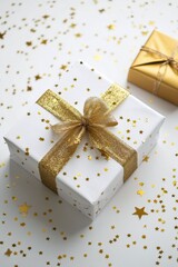 Canvas Print - Festively wrapped gifts adorned with golden ribbons and sparkling stars on a white background