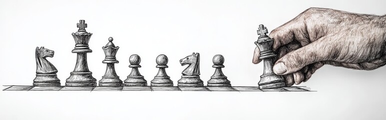 A graphic illustration of an enigmatic man holding a chess piece. He uses the piece to take out the opposite team's king. Checkmate.