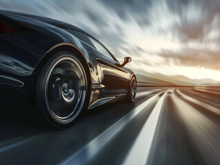 A red sports car with blurred motion driving fast on an empty highway at sunset.