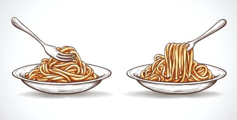 On a white background, a single line illustration of pasta spaghetti noodles with forks.