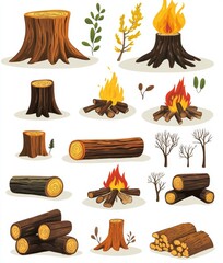 Wall Mural - Branches, logs, sticks, and branches of forest hardwood trees are depicted in a cartoon set, along with burning bundles and log trunks on a white background.