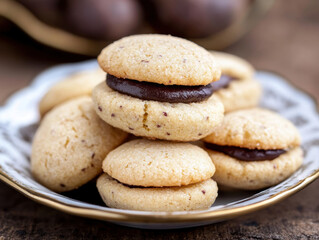 Baci di Dama cookies. Italian Piedmont sandwich biscuit consisting of two hazelnut biscuits joined together by a chocolate filling.