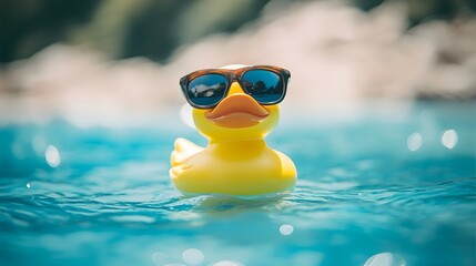 a quacking rubber ducky with sunglasses in a very blue and beautiful pool, summer vibes wallpaper