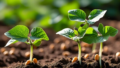 Vibrant soybean sprouts emerging from rich soil with healthy roots and lush green leaves