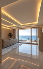 Canvas Print - Modern living room interior design with ocean view and recessed lighting