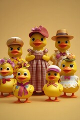 Wall Mural - yellow rubber ducks wearing different outfits, isolated background