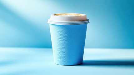 Blue paper coffee cup standing on blue background