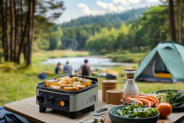 Enjoying a delicious meal with a camping stove on a wooden picnic table by the serene lakeside in natures embrace during summer