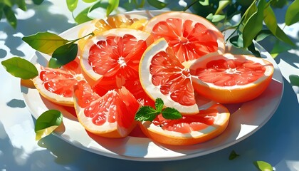 Vibrant plate of sliced grapefruit embodying freshness and vitality, a celebration of citrus flavors and summer delights