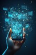 © Georgii - Hand holding smartphone displaying futuristic holographic interface with digital data and glowing network connections