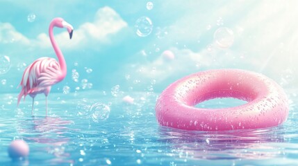 On a blue sky background, pink flamingos, beach balls, and bubbles are depicted on a podium display in a summer ocean setting.