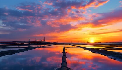 Wall Mural - Vibrant sunset over a breathtaking landscape featuring a pipeline, with mesmerizing reflections on water and an expansive sky meeting the horizon.