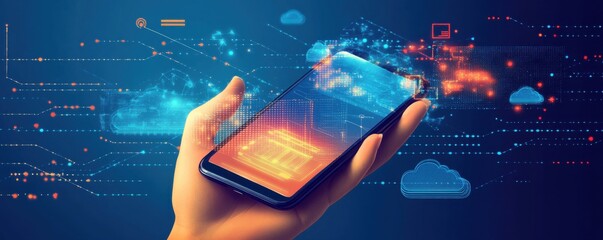 Wall Mural - a hand holding a smartphone with holographic cloud technology on a blue background, representing inn