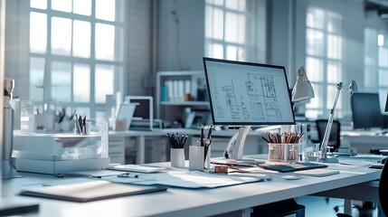 Canvas Print - Modern office workspace with a computer monitor and desk supplies, concept of business, technology, and productivity