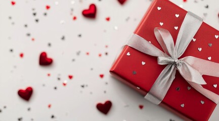 Sticker - Decorative red gift box surrounded by heart-shaped decorations for a celebration