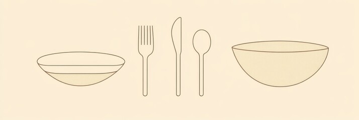 The silhouettes of cutlery and cooking utensils are drawn in a linear style for restaurant logos and menu covers.