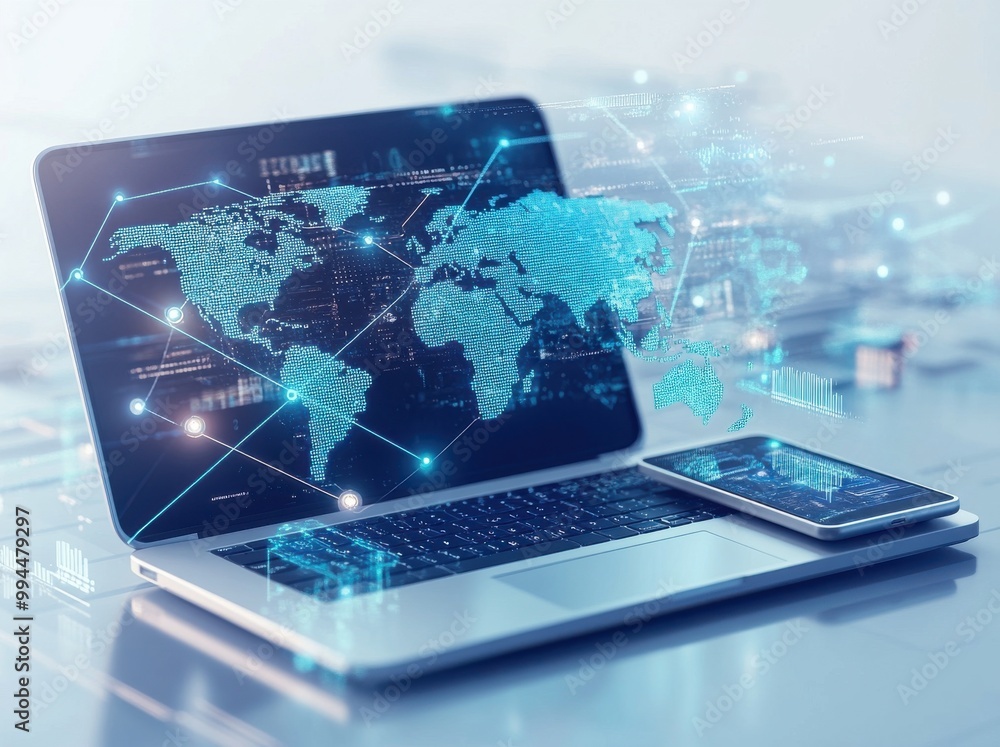 Laptop displaying digital world map highlighting global network ...