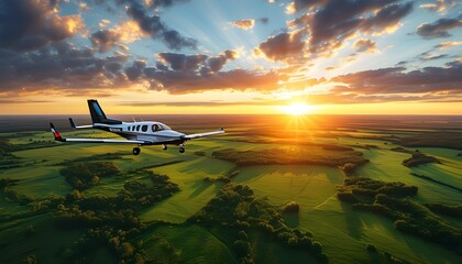 Airplane soaring through a golden sunset above lush green fields, capturing freedom and adventure in the beauty of nature