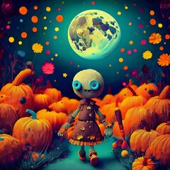 A little ghost with a lantern in a pumpkin patch at night with a full moon