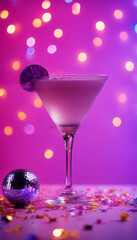 cocktail glass with purple cocktail next to it is a disco ball and party decorations pastel purple b