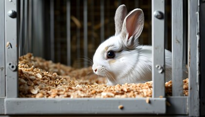 Rabbits enjoying a meal in their cozy cage environment