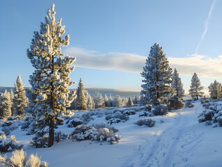 Serene winter scene featuring snow-covered evergreen trees under a light dusting of snow.