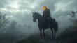 © steve - The Headless Horseman: Headless Horseman, a jack-o-lantern as his head, riding a black horse through a dark, foggy forest.