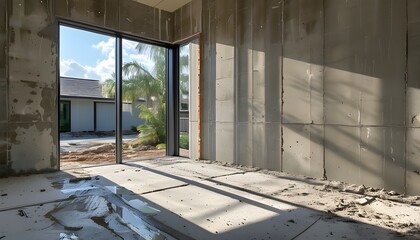 Wall Mural - Sunlit Concrete Wall with Partial Shade at Florida Suburban House Construction Site on a Sunny Morning