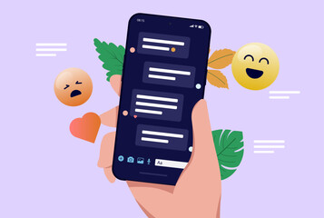 Fototapete - Text messaging on mobile phone - Hand holding smartphone with screen full of chat and texting conversation with emojis. Front view flat design vector illustration