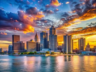 Wall Mural - Stunning Detroit Skyline at Sunset with Vibrant Colors and Iconic Architecture Against a Clear Sky