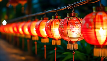 Enchanting row of illuminated lanterns casting warm light in the evening atmosphere