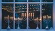 © BackgroundStudio - Menorah candles burning brightly in window display with string lights.