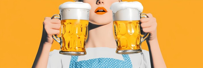 Wall Mural - Woman holding beer on orange background. Retro illustration design. Oktoberfest festival celebration. Bar and pub culture concept. Brewing industry