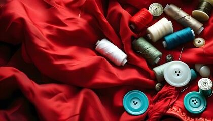 Vibrant sewing hobby backdrop featuring rich red fabric and bold dramatic hues