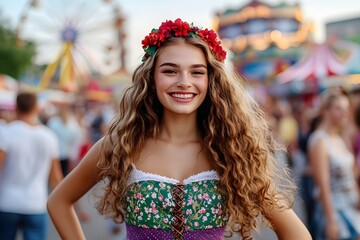 Woman with floral crown and traditional dress at festival. Oktoberfest celebration. Cultural event concept. German culture and tradition. Travel and tourism