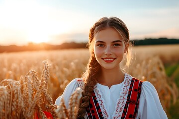 Wall Mural - Woman in traditional dress in wheat field at sunset. Autumn harvest and agriculture concept. Oktoberfest festival celebration. German culture and traditions. Banner with copy space